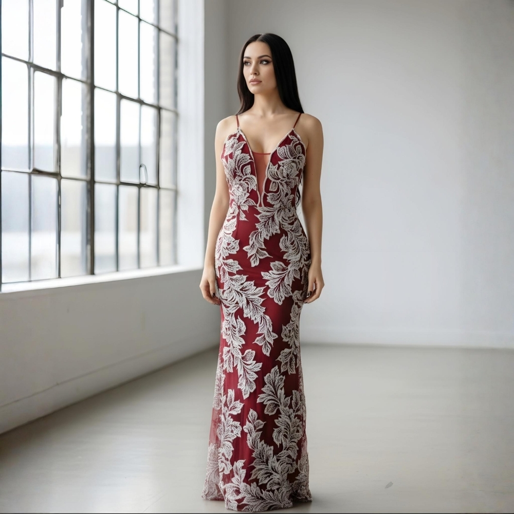 Nova Luxe ✦ Wine Sequin Mermaid Maxi Dress ✦ Deep V Mesh Cutout w/ Back Slit S